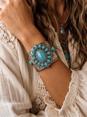 🌵Southwestern Faux Turquoise🩵 Cuff Bracelet | Wide Etched Silver Plate Band 🤠